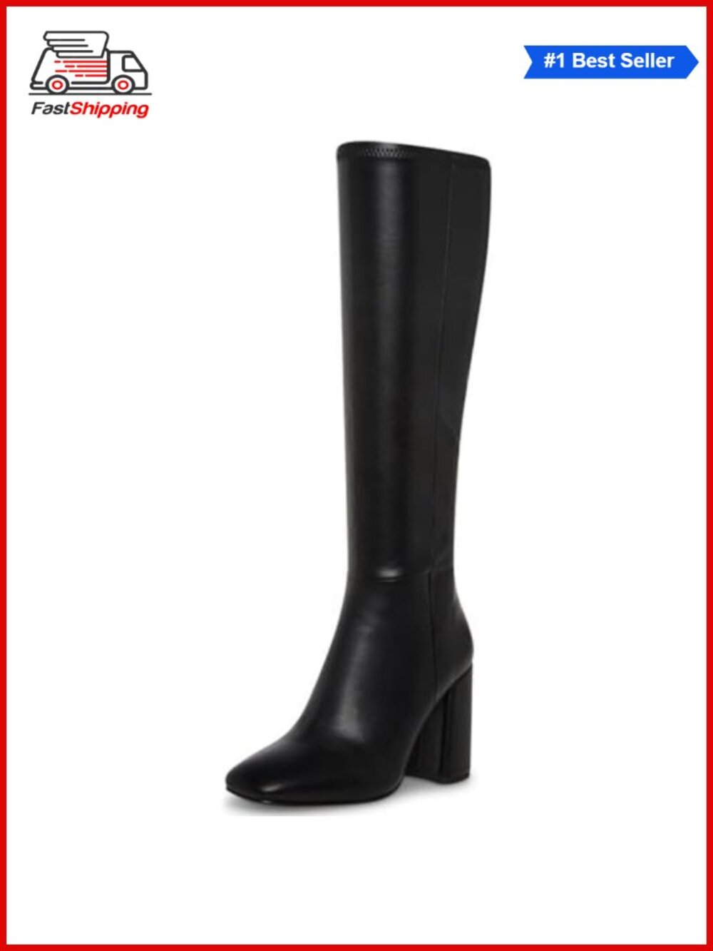 ✨ Faux Leather Square Toe Chunky Heel Knee High Boots Side Zip